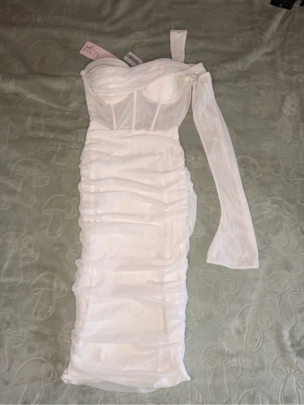 Oh Polly White One-Shoulder Ruched Mesh Dress